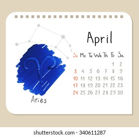 Vector calendar page template with hand drawn Aries symbol and constellation scheme.