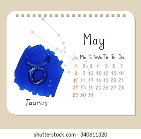 Vector calendar page template with hand drawn Taurus symbol and constellation scheme.