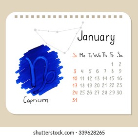 Vector calendar page template for January with hand drawn Capricorn symbol and constellation scheme.