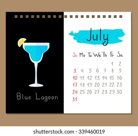 Vector calendar page template for July month with blue Lagoon cocktail.