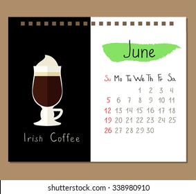 Vector calendar page template for June month with irish coffee.