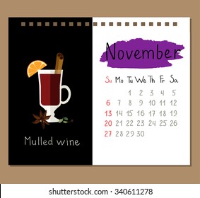 Vector calendar page template for November with mulled wine and spices.