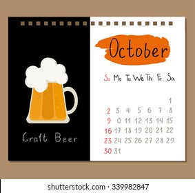 Vector calendar page template for October with craft beer flat icon.