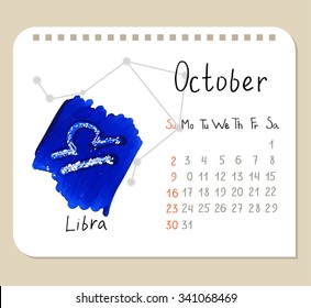 Vector calendar page template for October with Libra symbol and constellation scheme.