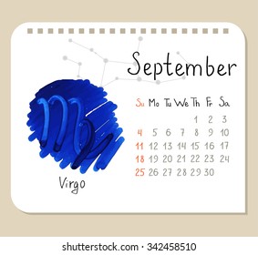 Vector calendar page template for September with hand drawn symbol of Virgo and constellation scheme.
