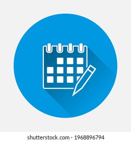Vector Calendar with pencil icon on blue background. Flat image with long shadow.