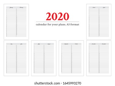 Vector calendar planner 2020, A5 format. For a personal diary, Notepad. From the drawn grid of 2020 to account for success. Convenient to use