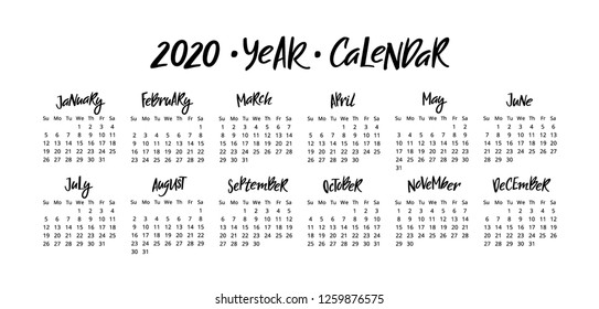 Vector Calendar Planner for 2020 Year with Handwritten Lettering Months. Week Starts Sunday. Stationery Design Isolated on White Background.