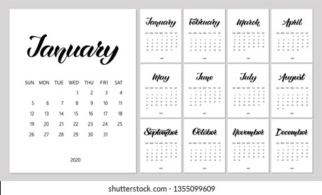Vector Calendar Planner for 2020 Year with handdrawn lettering. Set of 12 Months. Week Starts Sunday. Stationery Design. Objects isolated on white background.