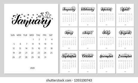 Vector Calendar Planner for 2020 Year with handdrawn lettering and doodles. Set of 12 Months. Week Starts Sunday. Stationery Design. Objects isolated on white background.