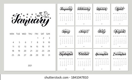 Vector Calendar Planner for 2021 Year with handdrawn lettering and doodles. Set of 12 Months. Week Starts Monday. Stationery Design. Objects isolated on white background.