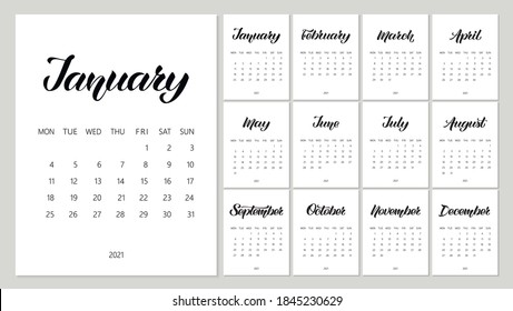 Vector Calendar Planner for 2021 Year with handdrawn lettering and doodles. Set of 12 Months. Week Starts Monday. Stationery Design. Objects isolated on white background.