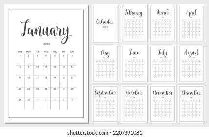 Vector Calendar Planner for 2023 Year. Handwritten lettering. Set of 12 Months. Week Starts Sunday. Stationery Design for Printable.