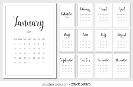 Vector Calendar Planner for 2024 Year. Handwritten lettering. Set of 12 Months. Week Starts Sunday. Stationery Design for Printable. Objects Isolated on White Background.
