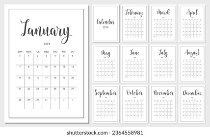 Vector Calendar Planner for 2024 Year. Handwritten lettering. Set of 12 Months. Week Starts Sunday. Stationery Design for Printable. Objects Isolated on White Background.