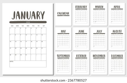Vector Calendar Planner for 2024 Year. Set of 12 Months. Week Starts Sunday. Stationery Design for Printable. Objects Isolated on White Background.