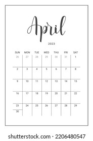 Vector Calendar Planner para abril de 2023. Grabación manuscrita. La semana empieza el domingo. Diseño estacional para imprimible.