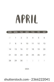 Vector Calendar Planner for April 2024. Week Starts Sunday. Stationery Design for Printable. Objects Isolated on White Background.