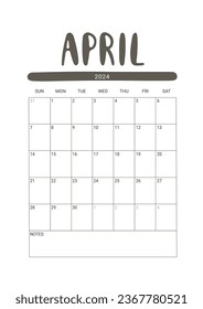 Vector Calendar Planner for April 2024. Week Starts Sunday. Stationery Design for Printable. Objects Isolated on White Background.