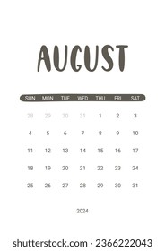 Vector Calendar Planner for August 2024. Week Starts Sunday. Stationery Design for Printable. Objects Isolated on White Background.