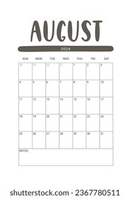 Vector Calendar Planner para agosto de 2024. La semana empieza el domingo. Diseño estacional para imprimible. Objetos aislados en fondo blanco.