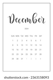 Vector Calendar Planner for December 2024. Handwritten lettering. Week Starts Sunday. Stationery Design for Printable. Objects Isolated on White Background.