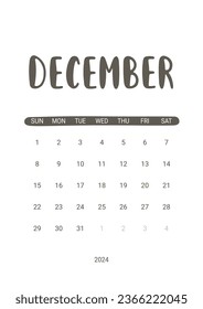 Vector Calendar Planner para diciembre de 2024. La semana empieza el domingo. Diseño estacional para imprimible. Objetos aislados en fondo blanco.