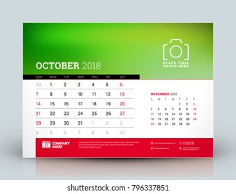 Vector calendar planner design template. October 2018. Place for photo. Red and black colors. Two months on the page. Week starts on Sunday