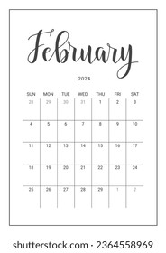 Vector Calendar Planner for February 2024. Handwritten lettering. Week Starts Sunday. Stationery Design for Printable. Objects Isolated on White Background.