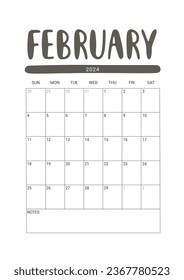 Vector Calendar Planner para febrero de 2024. La semana empieza el domingo. Diseño estacional para imprimible. Objetos aislados en fondo blanco.