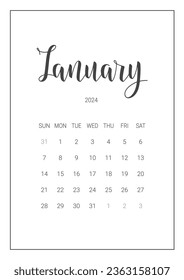 Vector Calendar Planner for January 2024. Handwritten lettering. Week Starts Sunday. Stationery Design for Printable. Objects Isolated on White Background.
