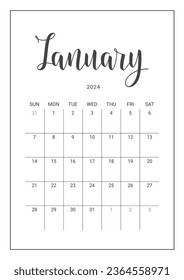 Vector Calendar Planner para enero de 2024. Grabación manuscrita. La semana empieza el domingo. Diseño estacional para imprimible. Objetos aislados en fondo blanco.
