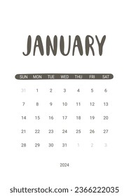 Vector Calendar Planner for January 2024. Week Starts Sunday. Stationery Design for Printable. Objects Isolated on White Background.