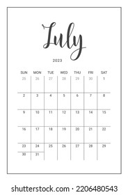 Vector Calendar Planner for July 2023. Handwritten lettering. Week Starts Sunday. Stationery Design for Printable.