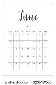 Vector Calendar Planner for June 2023. Handwritten lettering. Week Starts Sunday. Stationery Design for Printable.