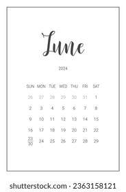 Vektorkalenplaner für Juni 2024. Handgeschriebene Schrift. Die Woche beginnt Sonntag. Geschmacksmuster für Drucksachen. Objekte einzeln auf weißem Hintergrund.
