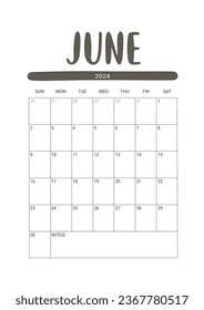 Vector Calendar Planner for June 2024. Week Starts Sunday. Stationery Design for Printable. Objects Isolated on White Background.