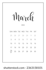 Vector Calendar Planner para marzo de 2024. Grabación manuscrita. La semana empieza el domingo. Diseño estacional para imprimible. Objetos aislados en fondo blanco.
