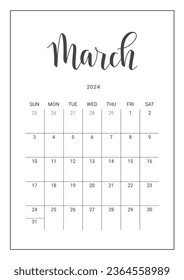 Vector Calendar Planner for March 2024. Handwritten lettering. Week Starts Sunday. Stationery Design for Printable. Objects Isolated on White Background.