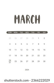 Vector Calendar Planner for March 2024. Week Starts Sunday. Stationery Design for Printable. Objects Isolated on White Background.