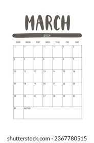 Vector Calendar Planner para marzo de 2024. La semana empieza el domingo. Diseño estacional para imprimible. Objetos aislados en fondo blanco.
