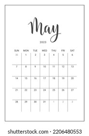 Vector Calendar Planner for May 2023. Handwritten lettering. Week Starts Sunday. Stationery Design for Printable.