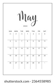 Vector Calendar Planner for May 2024. Handwritten lettering. Week Starts Sunday. Stationery Design for Printable. Objects Isolated on White Background.