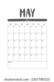 Vector Calendar Planner for May 2024. Week Starts Sunday. Stationery Design for Printable. Objects Isolated on White Background.