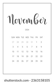 Vector Calendar Planner for November 2024. Handwritten lettering. Week Starts Sunday. Stationery Design for Printable. Objects Isolated on White Background.
