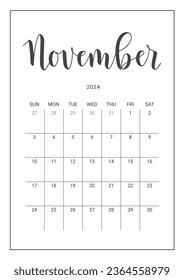 Vector Calendar Planner for November 2024. Handwritten lettering. Week Starts Sunday. Stationery Design for Printable. Objects Isolated on White Background.