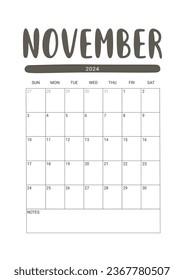 Vector Calendar Planner for November 2024. Week Starts Sunday. Stationery Design for Printable. Objects Isolated on White Background.
