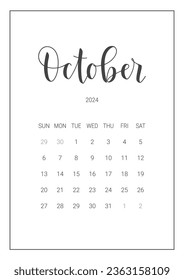 Vector Calendar Planner for October 2024. Handwritten lettering. Week Starts Sunday. Stationery Design for Printable. Objects Isolated on White Background.