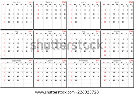 Vector calendar planner schedule 2015 week starts with sunday