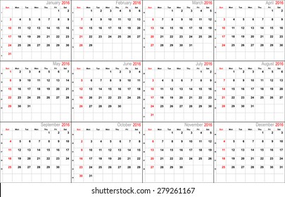 Vector calendar planner schedule 2016 week starts with Sunday